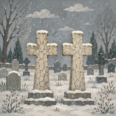 Snow-Dusted Stone Crosses in Evergreen Cemetery