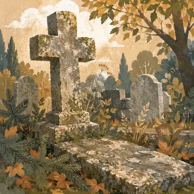 Weathered Stone Cross in Evergreen Cemetery