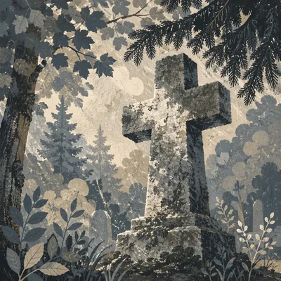 Weathered Stone Cross Beneath Evergreen Canopy
