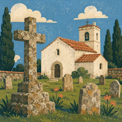 Stone Cross by Historic Churchyard Evergreens