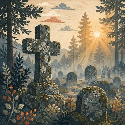 Weathered Stone Cross in Misty Evergreen Cemetery