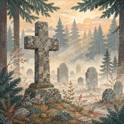 Weathered Stone Cross Among Evergreen Cemetery Pines