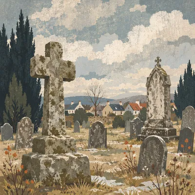Weathered Stone Cross in Rural Cemetery