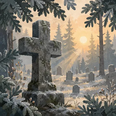 Weathered Stone Cross Among Evergreens