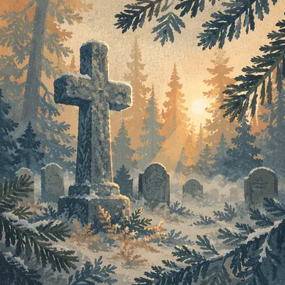 Weathered Stone Cross in Winter Cemetery