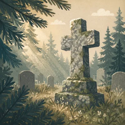 Weathered Stone Cross Among Evergreens