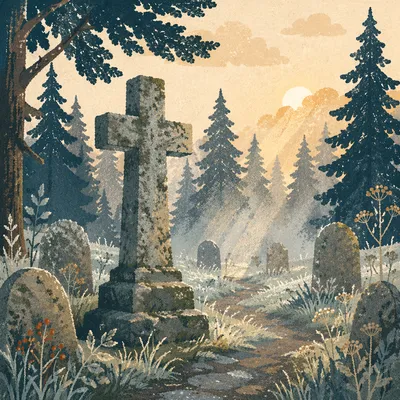 Weathered Stone Cross Among Evergreen Pines