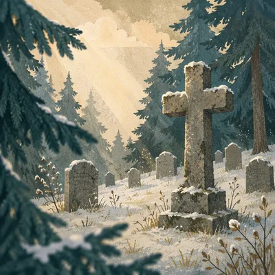 Snow Dusted Stone Cross Beneath Evergreens