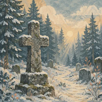 Weathered Stone Cross in Winter Cemetery