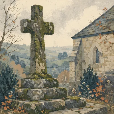 Mossy Stone Cross in Rural Churchyard