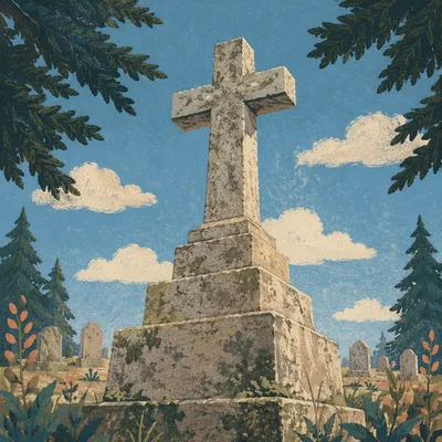 Weathered Stone Cross Beneath Evergreen Branches