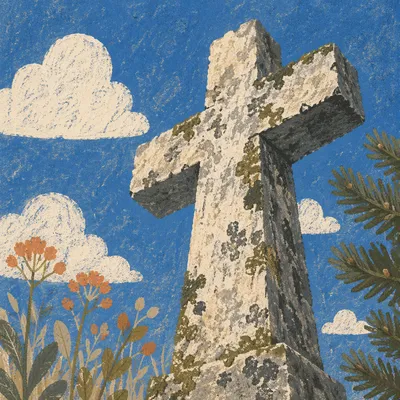 Weathered Stone Cross Beneath Evergreen Sky