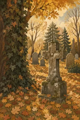 Weathered Stone Cross in Autumn Cemetery