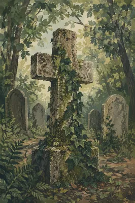 Weathered Stone Cross with Evergreen Ivy
