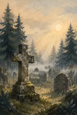 Weathered Stone Cross Among Evergreen Pines