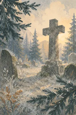 Weathered Stone Cross Among Evergreen Pines