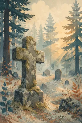 Weathered Stone Cross Among Evergreen Pines
