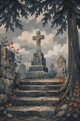 Weathered Stone Cross in Evergreen Cemetery