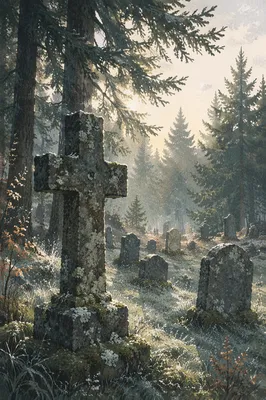 Weathered Stone Cross Among Evergreen Pines