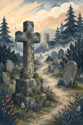 Weathered Stone Cross in Misty Evergreen Cemetery