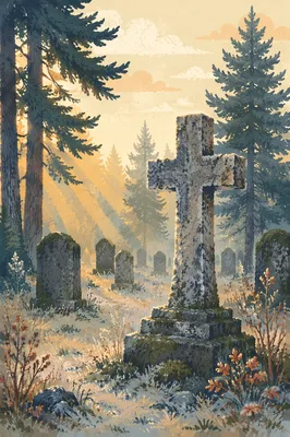 Weathered Stone Cross in Evergreen Cemetery