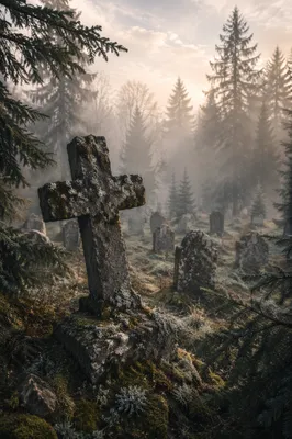 Weathered Stone Cross in Misty Cemetery