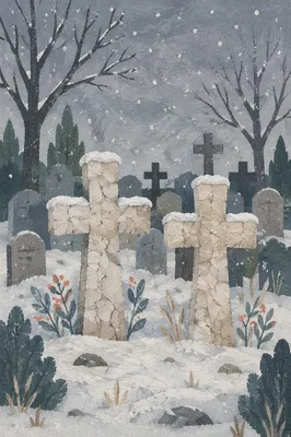Snow Dusted Stone Crosses in Cemetery