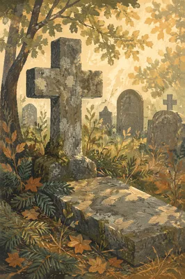 Weathered Stone Cross in Evergreen Cemetery