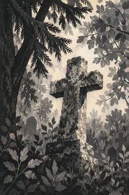 Weathered Stone Cross Beneath Evergreen Canopy