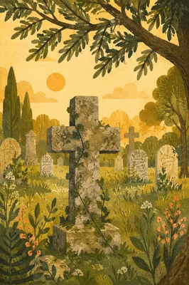 Stone Cross Beneath Evergreen Cemetery Canopy