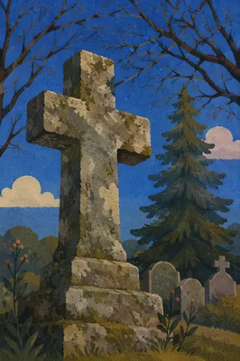 Weathered Stone Cross Beneath Evergreen Sky