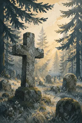 Weathered Stone Cross in Winter Cemetery