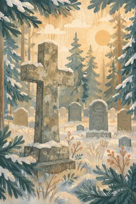 Snow Dusted Stone Cross in Evergreen Cemetery
