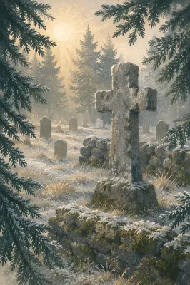 Weathered Stone Cross Among Evergreen Cemetery Pines