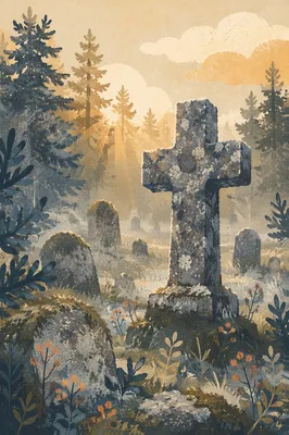 Weathered Stone Cross in Evergreen Cemetery