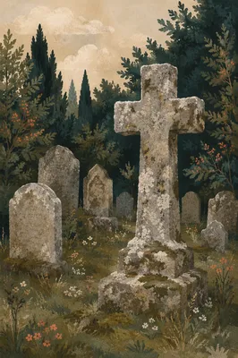 Weathered Stone Cross in Evergreen Cemetery