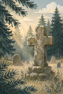 Weathered Stone Cross Among Evergreen Pines