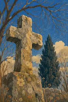 Weathered Stone Cross Beneath Evergreen Sky