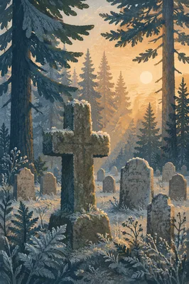 Weathered Stone Cross Among Evergreen Pines