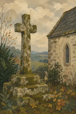Weathered Stone Cross in Rural Churchyard