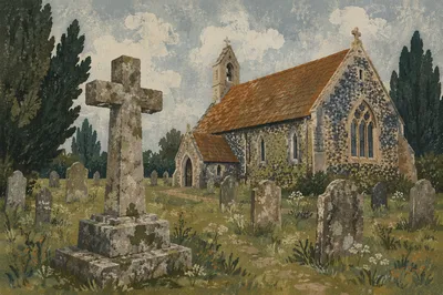 Weathered Stone Cross in Rural Cemetery