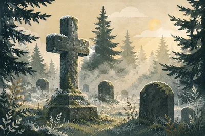 Weathered Stone Cross in Evergreen Cemetery
