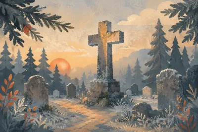 Weathered Stone Cross in Evergreen Cemetery