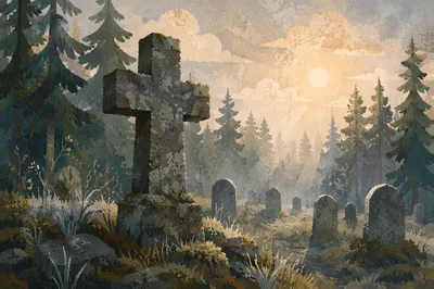 Weathered Stone Cross in Misty Evergreen Cemetery