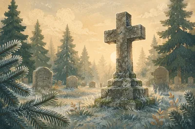 Weathered Stone Cross Among Evergreen Pines