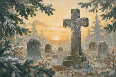 Weathered Stone Cross at Winter Dawn