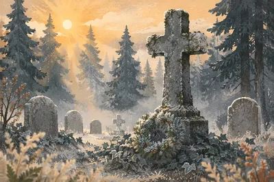 Weathered Stone Cross Among Evergreen Pines