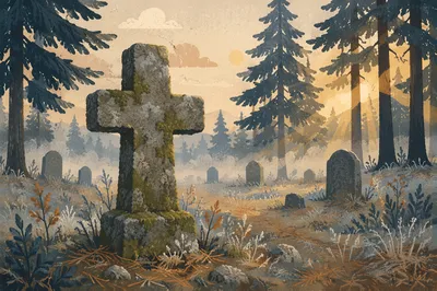 Weathered Stone Cross in Evergreen Cemetery