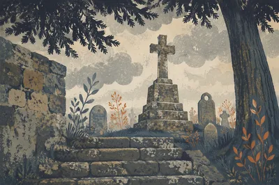 Weathered Stone Cross in Evergreen Cemetery