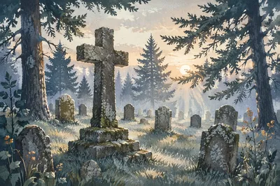 Stone Cross in Evergreen Cemetery Dawn